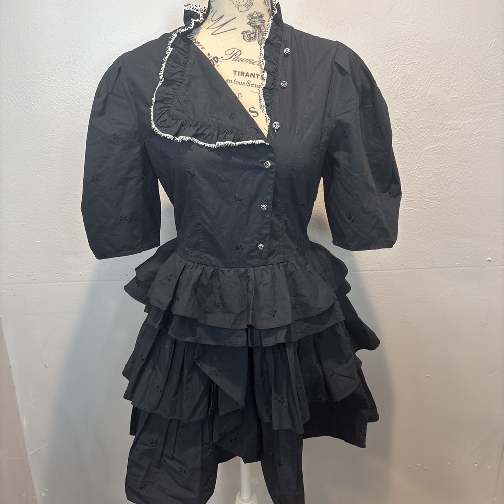 Ulla Johnson Linnea Tiered Ruffle Dress Womens 4 Black Cotton Short Mini